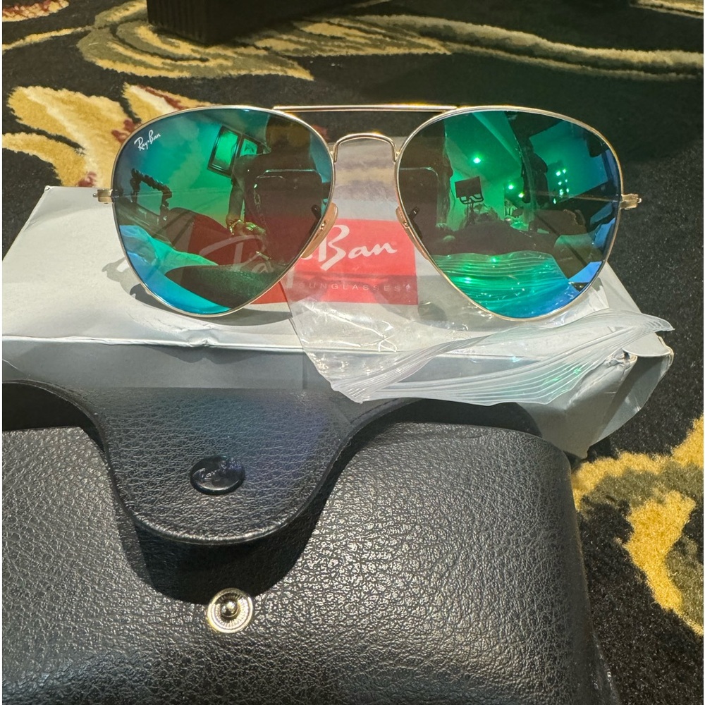 New Rayban Avistor Sunglasses with green reflective lenses.